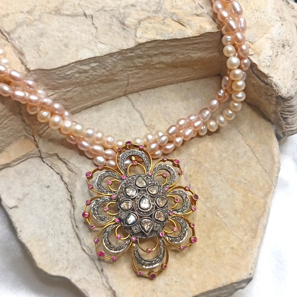 Hand Crafted Jewelry - Natural Pearl Antique Paste Diamond Cut Glass & Ruby pendant Statement Necklace